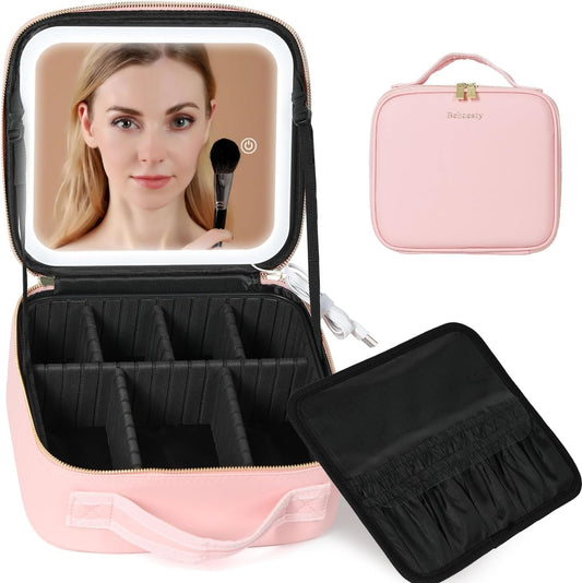 Travel Makeup Bag with LED Lighted Mirror, Cosmetic Makeup Organizer Bag with 3 Color Setting, Makeup Train Case with Adjustable Dividers for Women Makeup Brushes Jewelry Accessories (Pink)