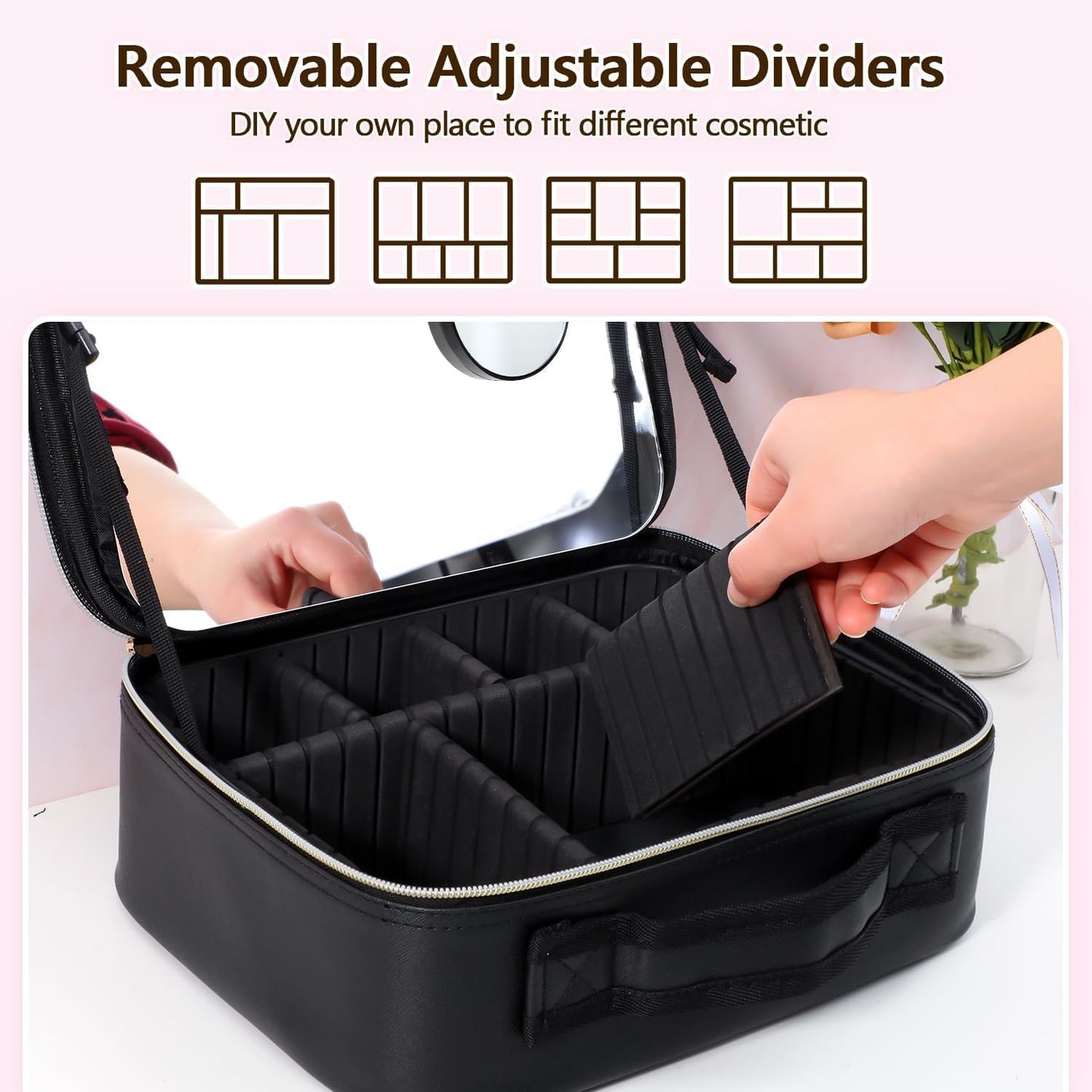 Travel Makeup Bag Make up Case with Mirror Cosmetic Makeup Box Organizer Vanity Case for Women Beauty Tools Accessories Case